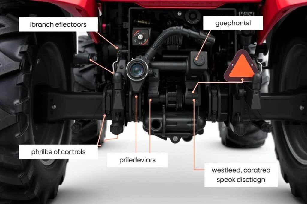Close-up of protective features on a narrow orchard tractor for South American markets