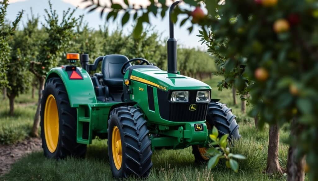 John Deere 5GN narrow orchard tractor in a Chilean apple orchard