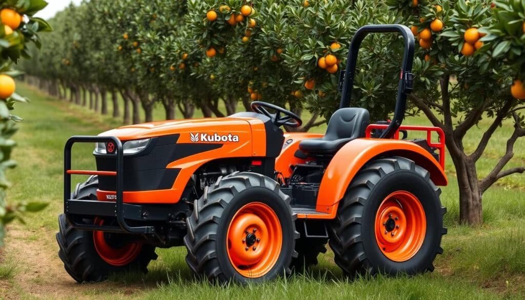 Kubota M5N narrow orchard tractor operating in a Brazilian citrus orchard