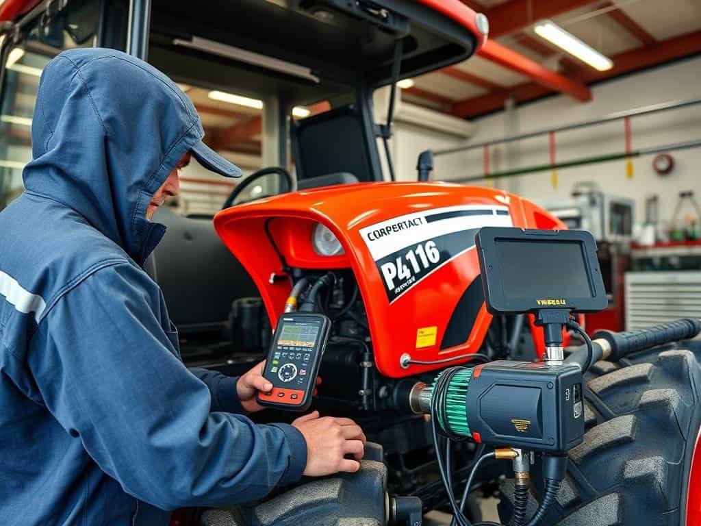 Technician performing maintenance on a compact orchard tractor in a South American service center